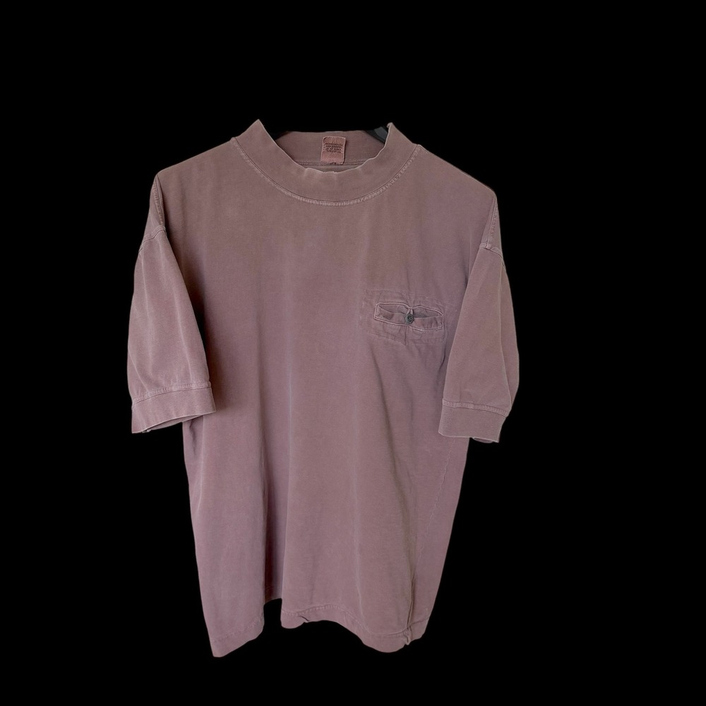 90's Weavers Mock Neck Pocket T-Shirt‎ Mauve Faded Brown Cotton Med Short Sleeve